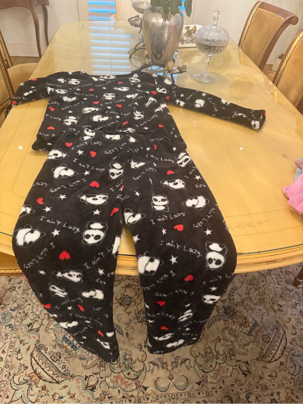 Black Panda Print Fleece Pajama Set with Red Hearts